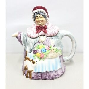 Vintage Takahashi San Francisco Peasant Woman Teapot with Lid Flowers Cat
